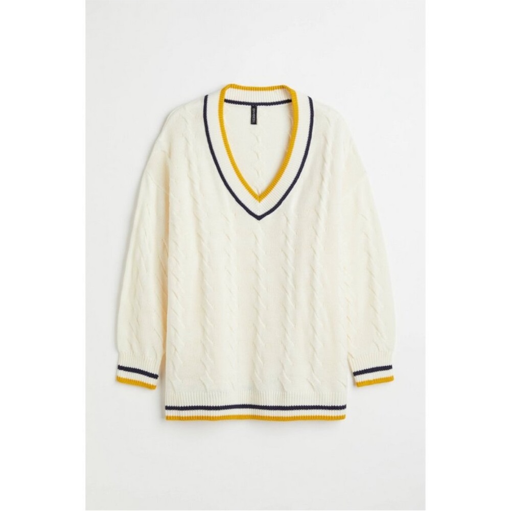 H&M Cable Knit Varsity V-Neck Sweater Cream Navy Yellow Size Small, Oversized